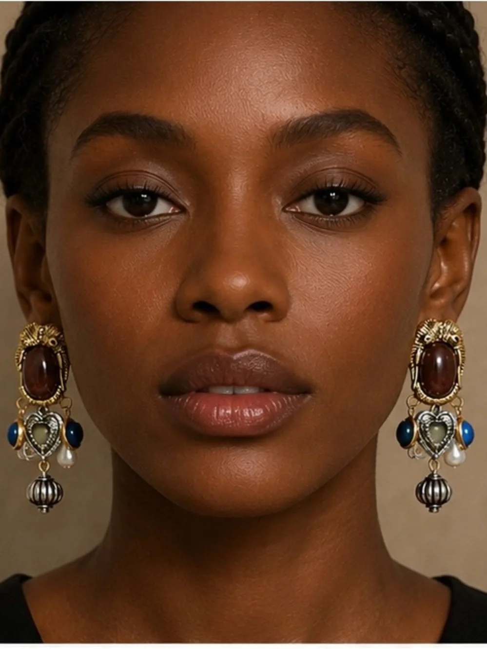 Gold-Tone Multicolor Statement Drop Earrings with Brown and Blue Stones NWOT